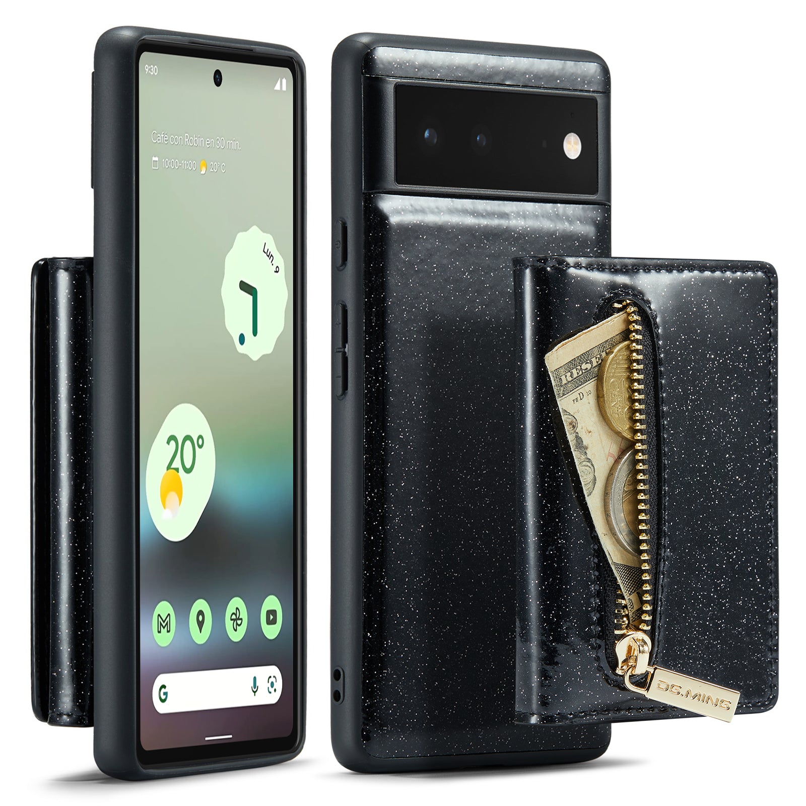 DG.MING M3 Series For Google Pixel 6a Glitter Bling Powder PU Leather Anti-scratch Magnetic Phone Cover PC TPU Kickstand Zipper Pocket Wallet Smartphone Case DG.MING M3 Series For Google Pixel 6a Glitter Bling Powder PU Leather Anti-scratch Magnetic Phone Cover PC TPU Kickstand Zipper Pocket Wallet Smartphone Case